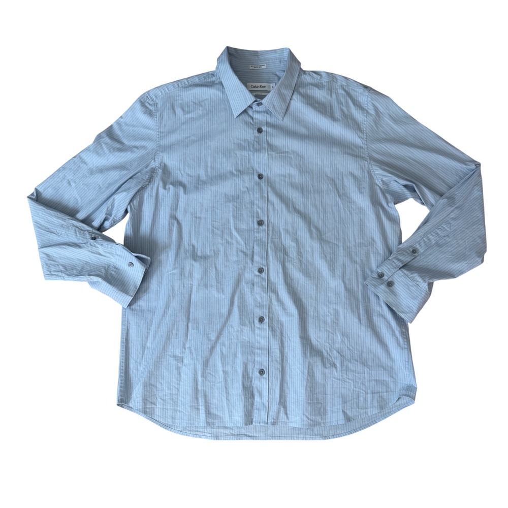 Calvin Klein Mens XL Modern Fit Pinstripe Button Down Shirt Light Blue Casual
